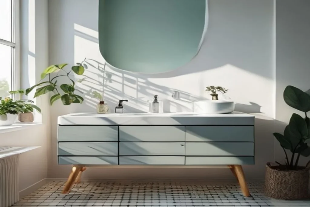 Mueble de baño renovado con vinilo adhesivo gris claro aplicado limpiamente sobre la puerta del armario