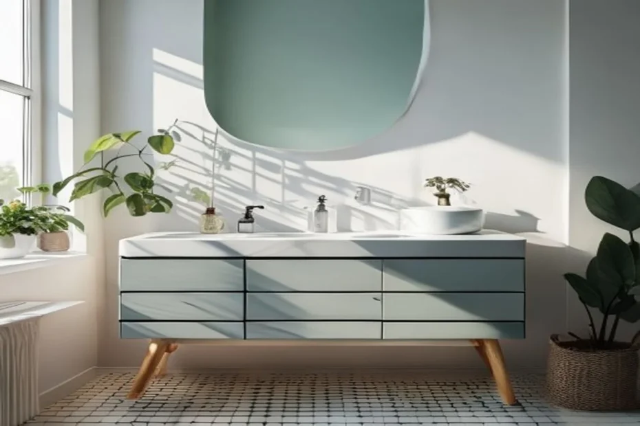 Mueble de baño renovado con vinilo adhesivo gris claro aplicado limpiamente sobre la puerta del armario