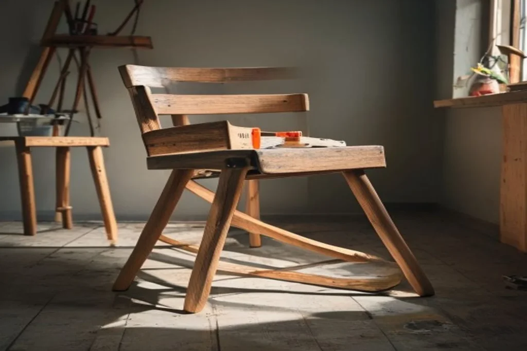 Silla de madera siendo reparada con cola de carpintería y abrazaderas sujetando la unión floja