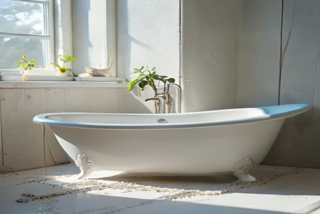 Sellado de silicona blanca alrededor del borde de la bañera con cinta de carrocero azul, baño limpio y blanco