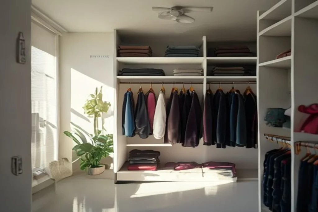 Guardarropa organizado con perchas uniformes de terciopelo, ropa agrupada por categoría, interior limpio y ordenado