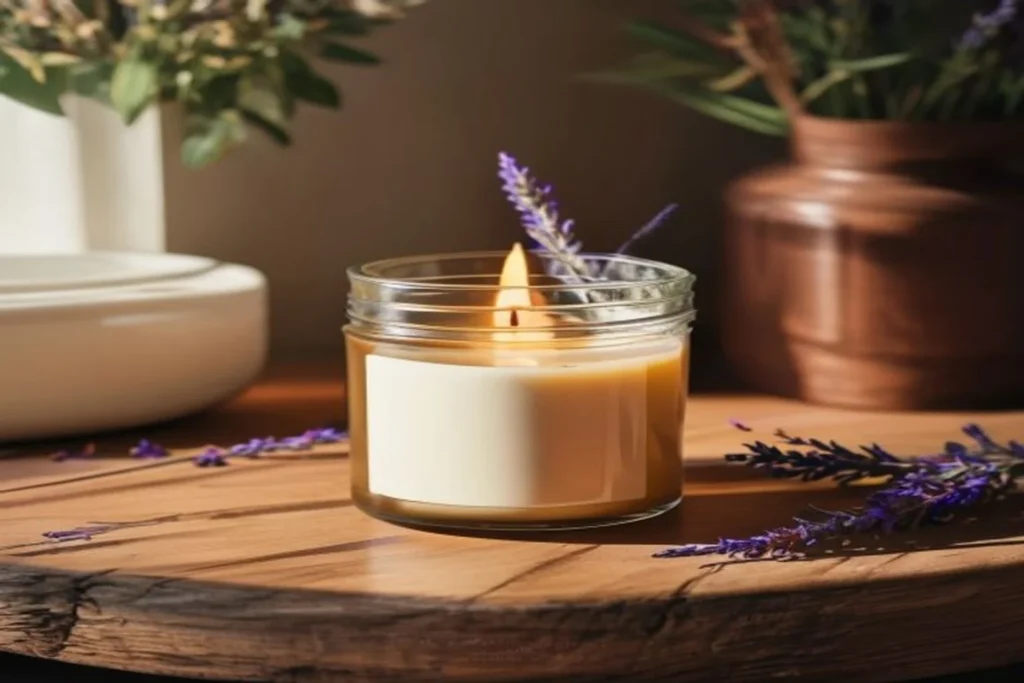 Vela aromática artesanal de cera de soya en tarro de vidrio con lavanda seca, sobre superficie de madera oscura