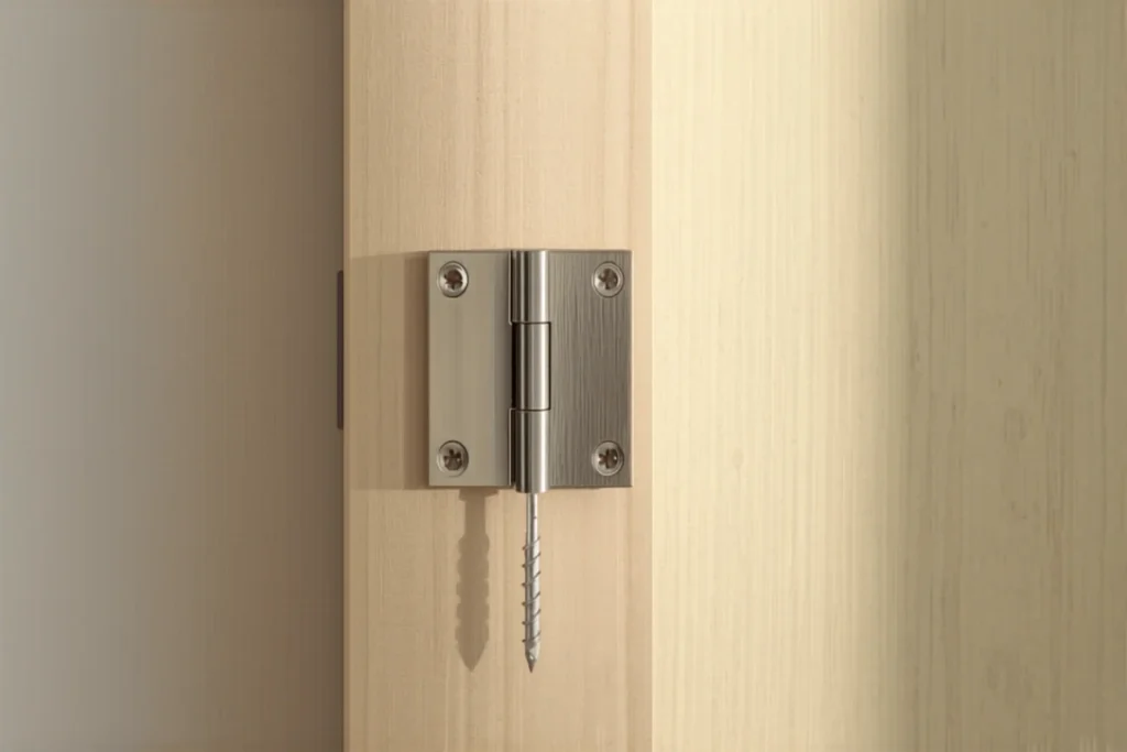 Primer plano de una bisagra metálica en una puerta de madera clara con un destornillador al lado, luz natural, fondo minimalista