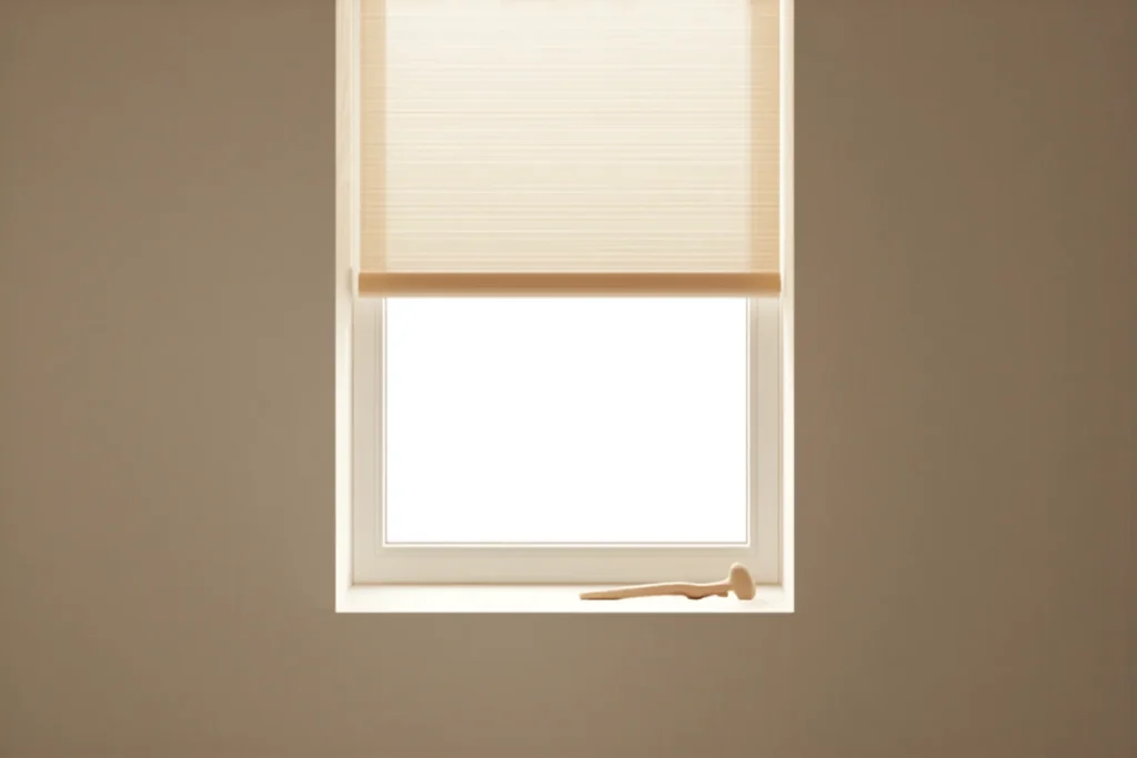 Ventana con una persiana clara parcialmente subida y luz natural suave entrando, habitación minimalista, ambiente ordenado