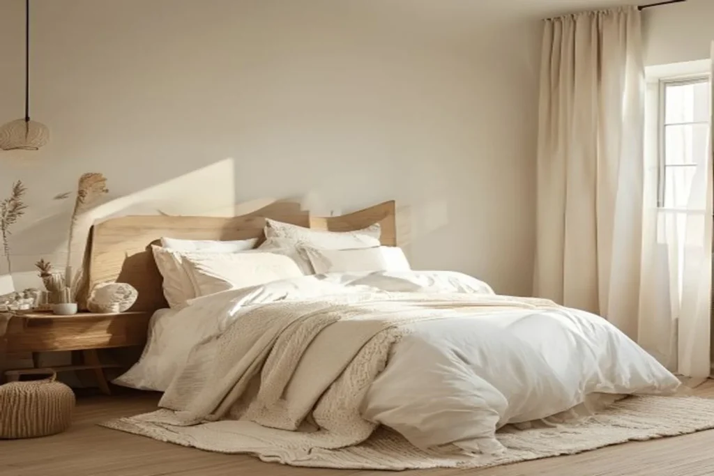Cabecera de cama DIY hecha con tablas de palet lijadas y pintadas, apoyada en la pared de un dormitorio