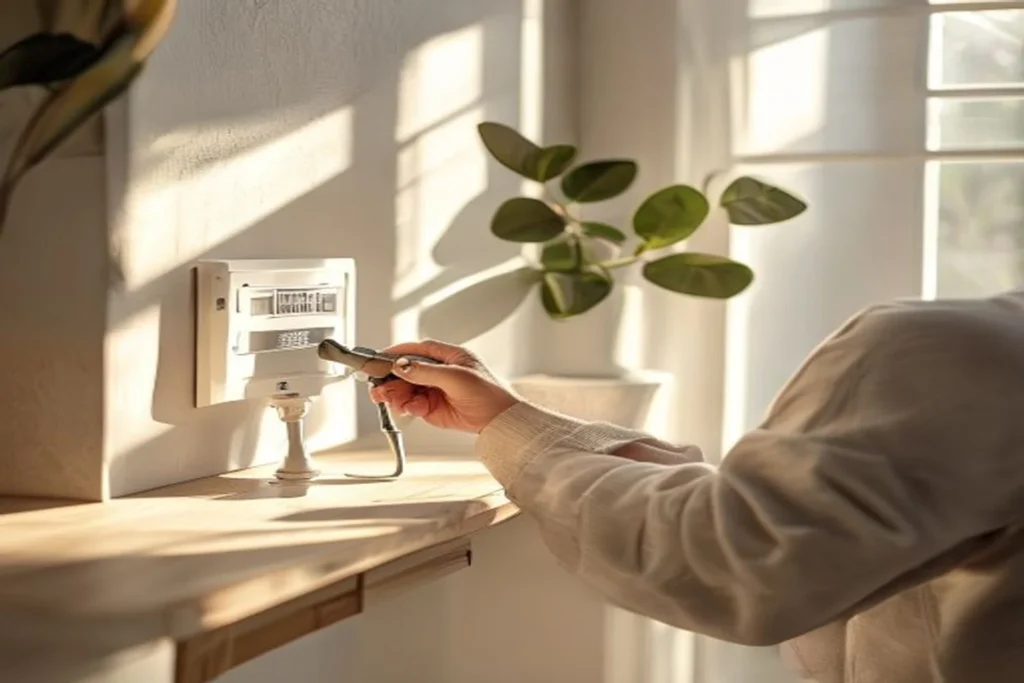 Manos cambiando un enchufe de pared con un destornillador, con la placa frontal desmontada
