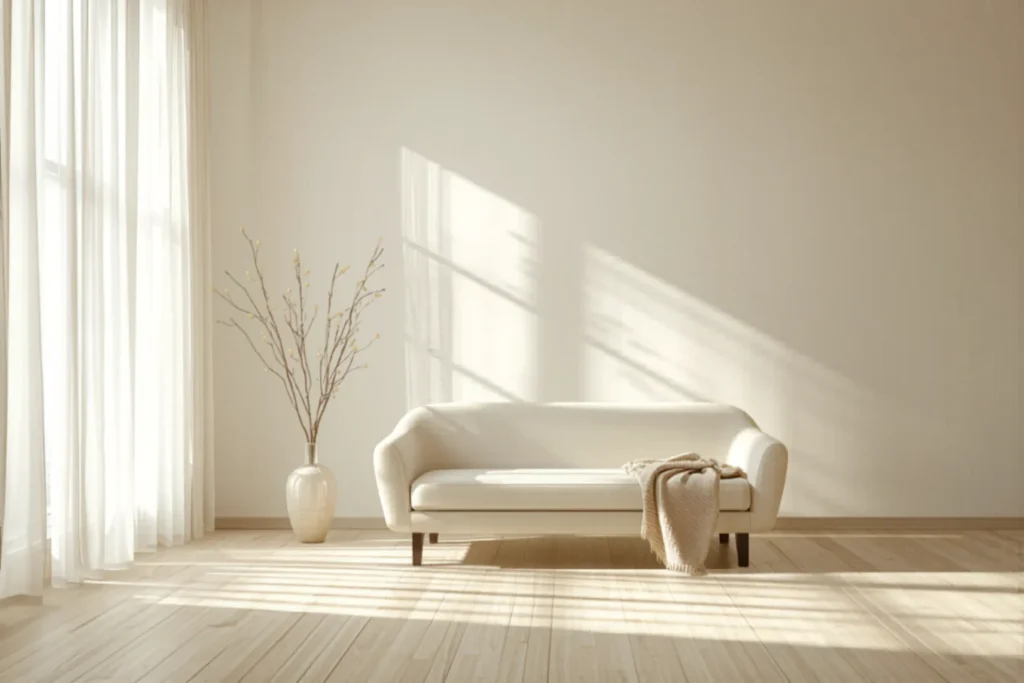 Sala luminosa con cortinas blancas finas junto a una ventana grande, luz del sol entrando y difundiéndose, tonos neutros