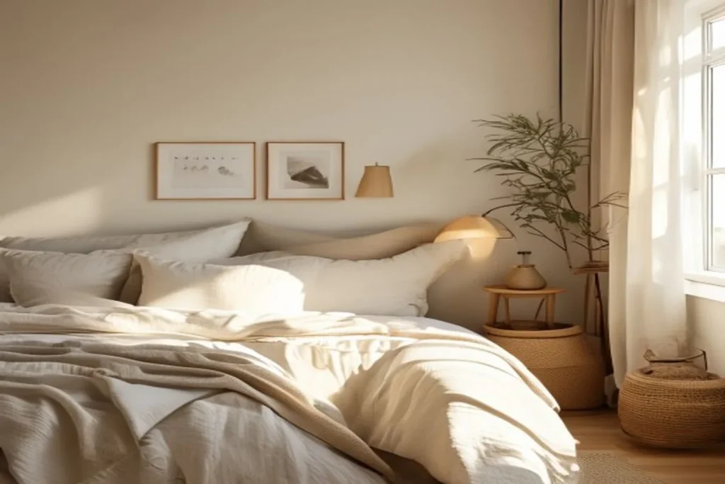 Dormitorio acogedor iluminado con luz cálida indirecta detrás de la cabecera y una lámpara de mesa encendida