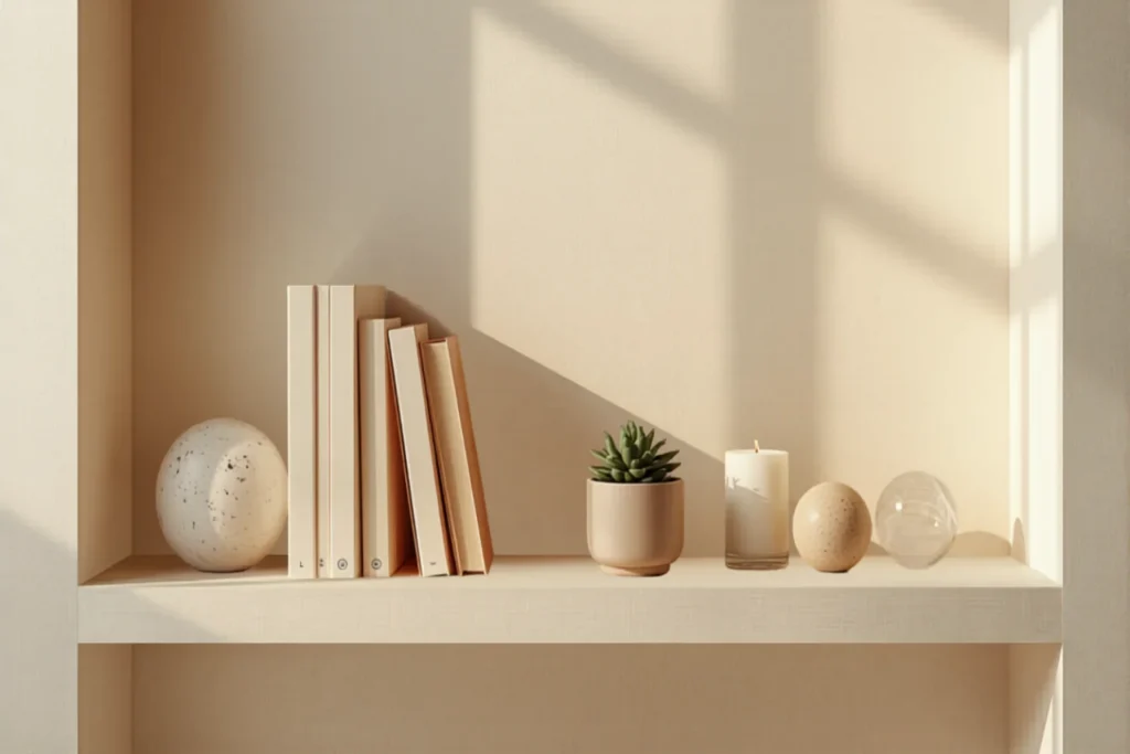 Estantería abierta bien decorada con libros agrupados, una planta pequeña, una vela y objetos, con espacios vacíos, luz natural