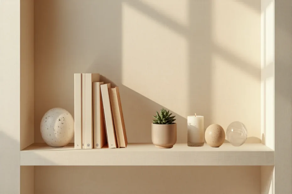 Estantería abierta bien decorada con libros agrupados, una planta pequeña, una vela y objetos, con espacios vacíos, luz natural