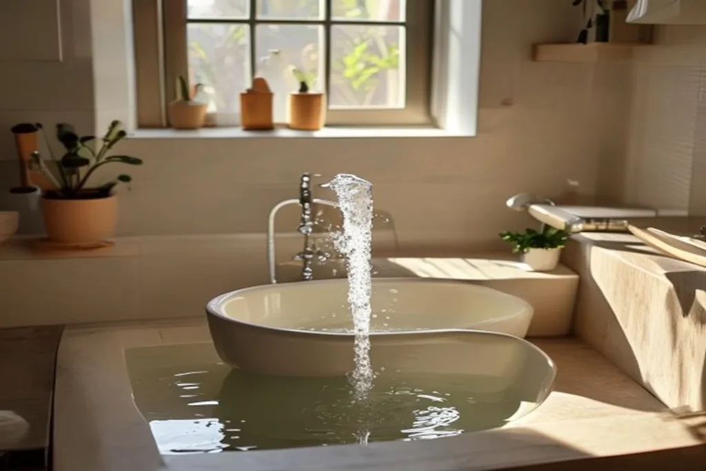 Persona echando agua caliente en el desagüe de un lavabo para destaparlo sin químicos