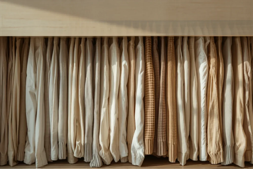 Cajón de cómoda abierto con ropa doblada y guardada de pie en filas ordenadas como archivos, tonos neutros, luz natural