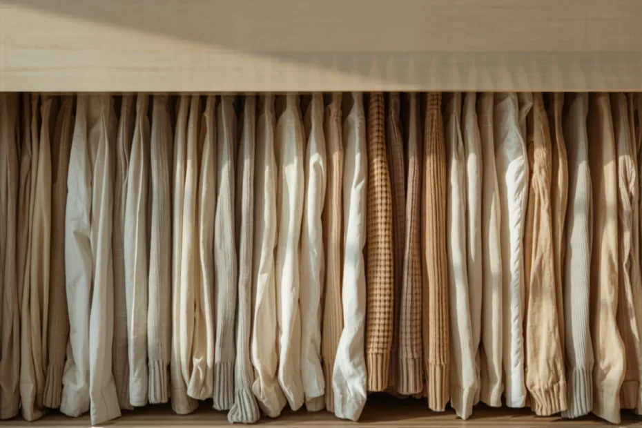 Cajón de cómoda abierto con ropa doblada y guardada de pie en filas ordenadas como archivos, tonos neutros, luz natural