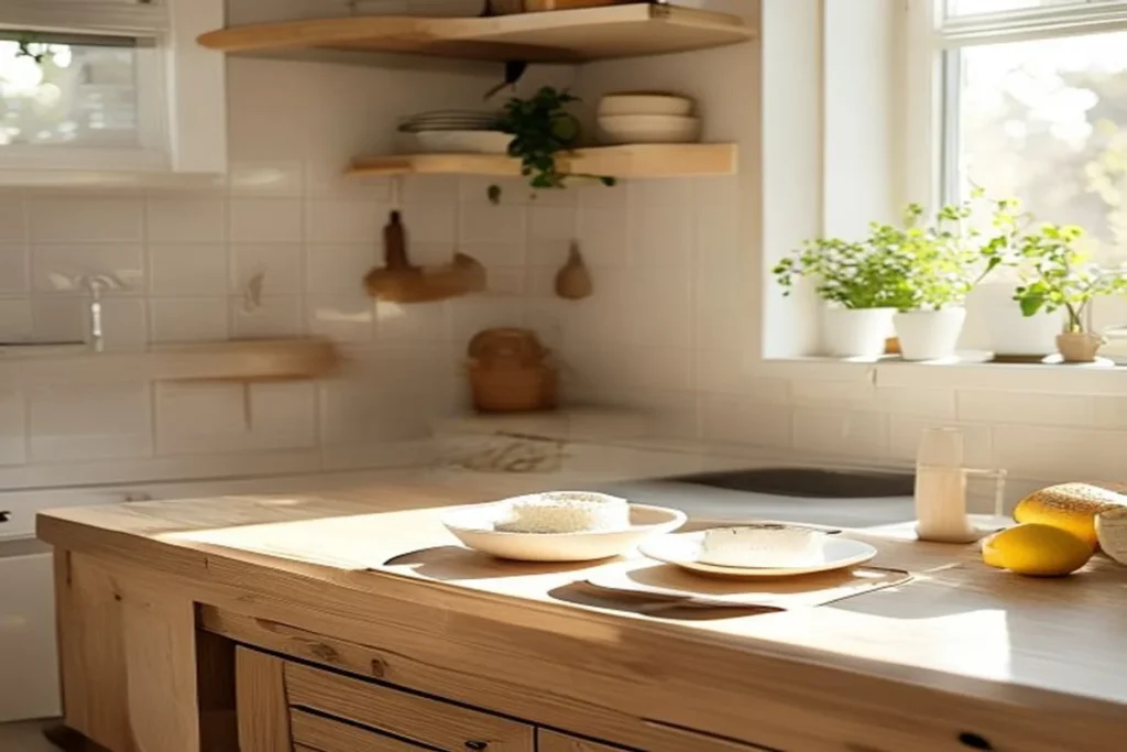 Cocina pequeña y limpia con un platito de bicarbonato y cáscaras de limón sobre la mesada junto al fregadero