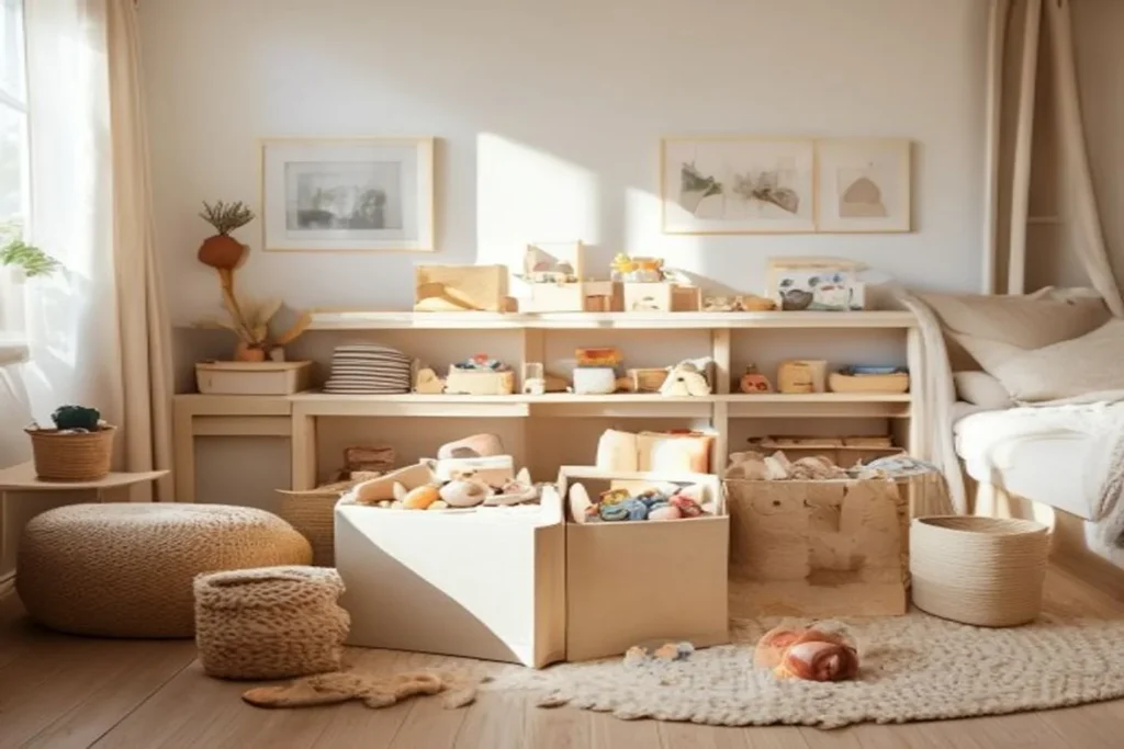 Cajas abiertas y canastos con juguetes ordenados por categoría en el rincón de una habitación infantil
