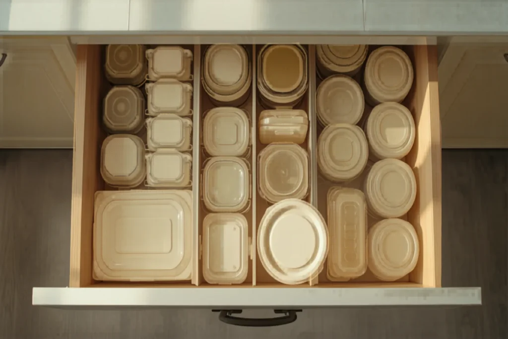 Cajón de cocina ordenado con recipientes apilados y tapas de pie en un organizador vertical, luz natural, tonos neutros