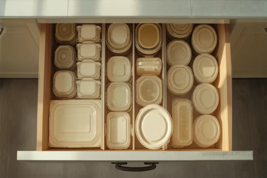 Cajón de cocina ordenado con recipientes apilados y tapas de pie en un organizador vertical, luz natural, tonos neutros