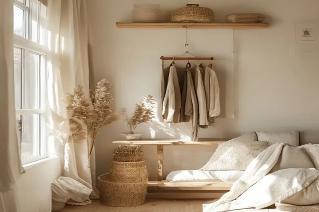 Perchero de pared hecho con una tabla de madera reciclada y pomos antiguos, con abrigos colgados en la entrada de un departamento