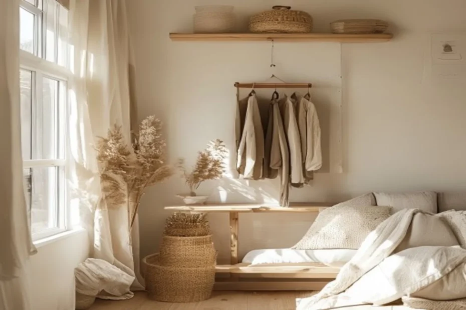 Perchero de pared hecho con una tabla de madera reciclada y pomos antiguos, con abrigos colgados en la entrada de un departamento