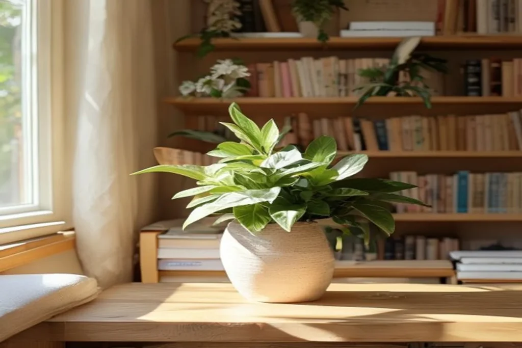 Planta artificial verde en una maceta de cerámica sobre una estantería de madera junto a libros y objetos decorativos
