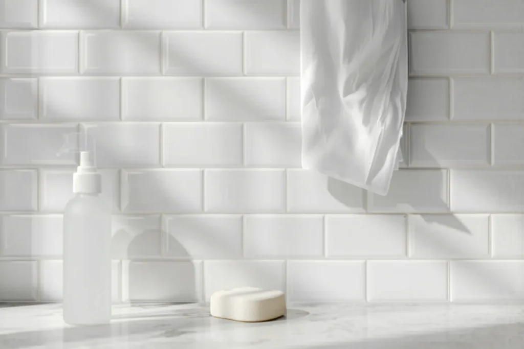 Pared de cocina con azulejos blancos limpiándose con un paño, atomizador y esponja sobre la mesada, luz natural