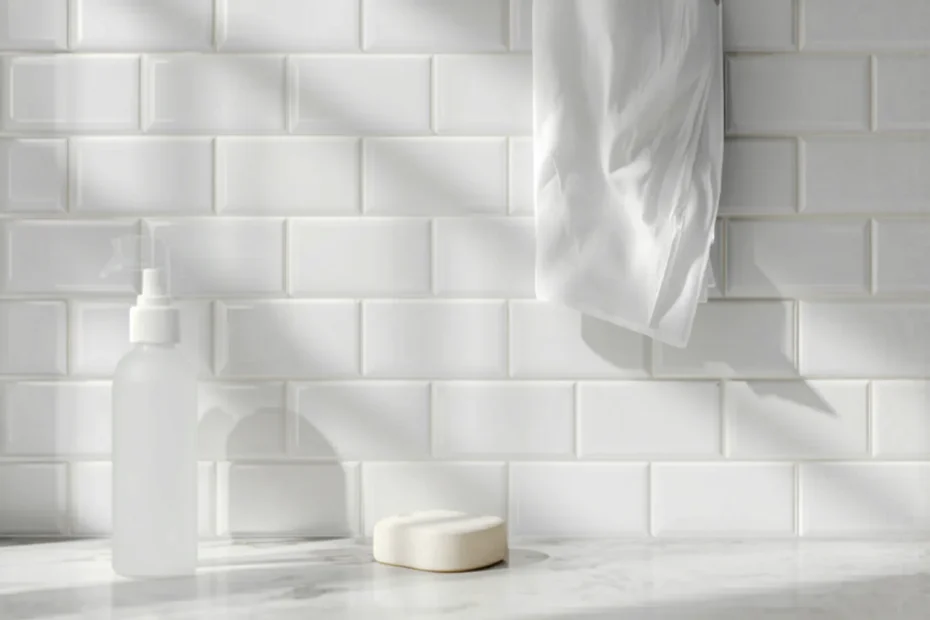 Pared de cocina con azulejos blancos limpiándose con un paño, atomizador y esponja sobre la mesada, luz natural
