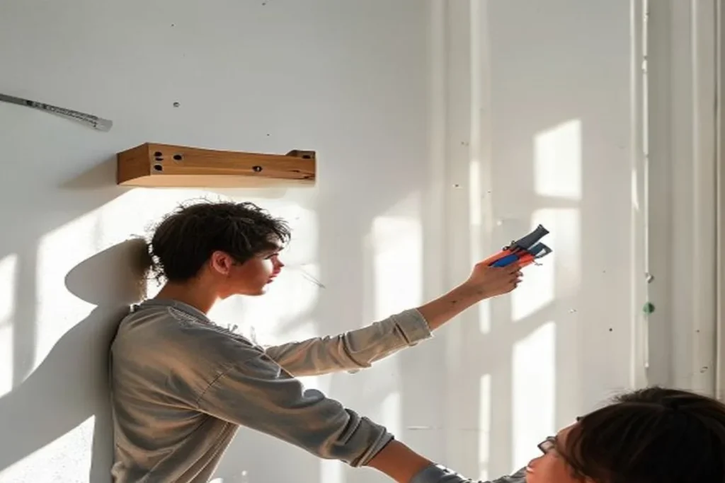 Persona que marca la pared para instalar un estante flotante mientras otra la ayuda