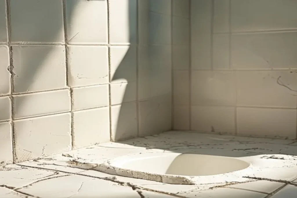 Pared y piso de azulejos blancos con grietas en un baño